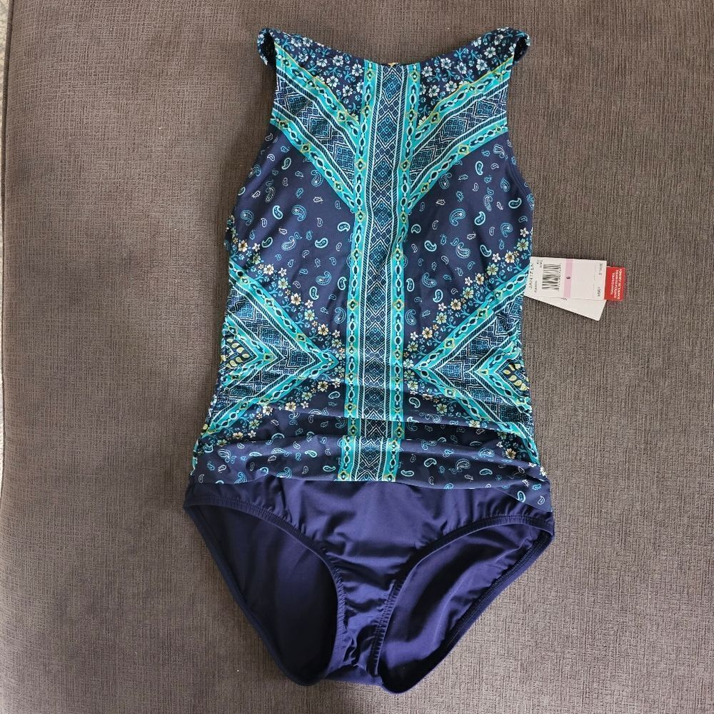 Jantzen navy Grace High Neck H-back One Piece women's size 6 2 tone Swimsuit